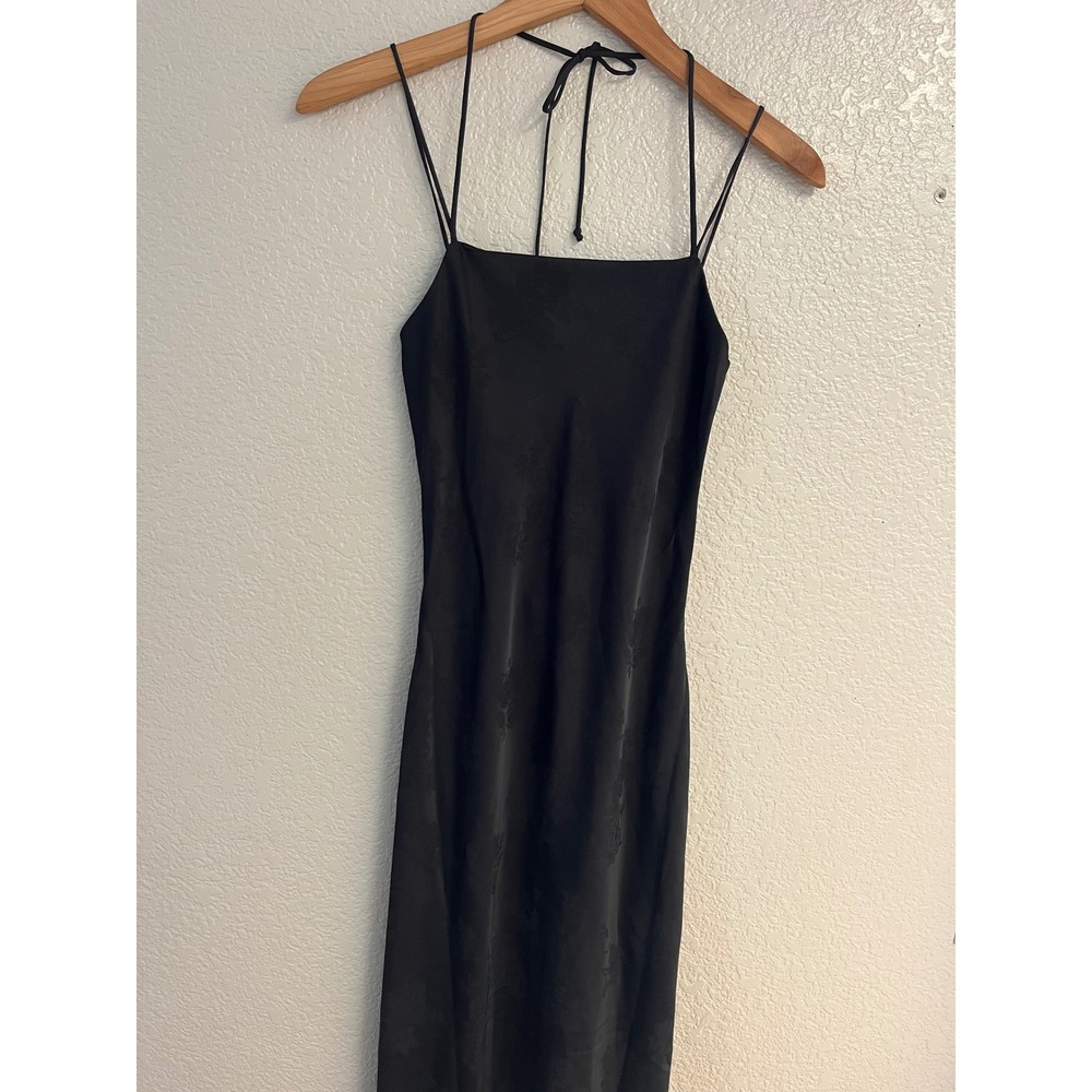 Bershka Black Jacquard Satin Open Back Maxi Dress XS Floral Double Strap Slip